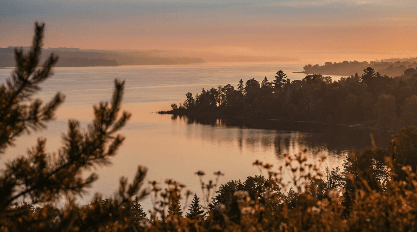 Golden hour aerial view of Lake Simcoe shoreline with tree-lined banks and reflective water surface