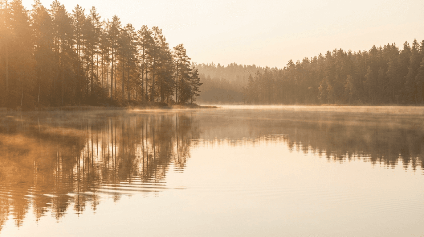Calm forest lake at golden hour with gentle mist rising from still water, surrounded by tall evergreen trees bathed in warm sunlight.