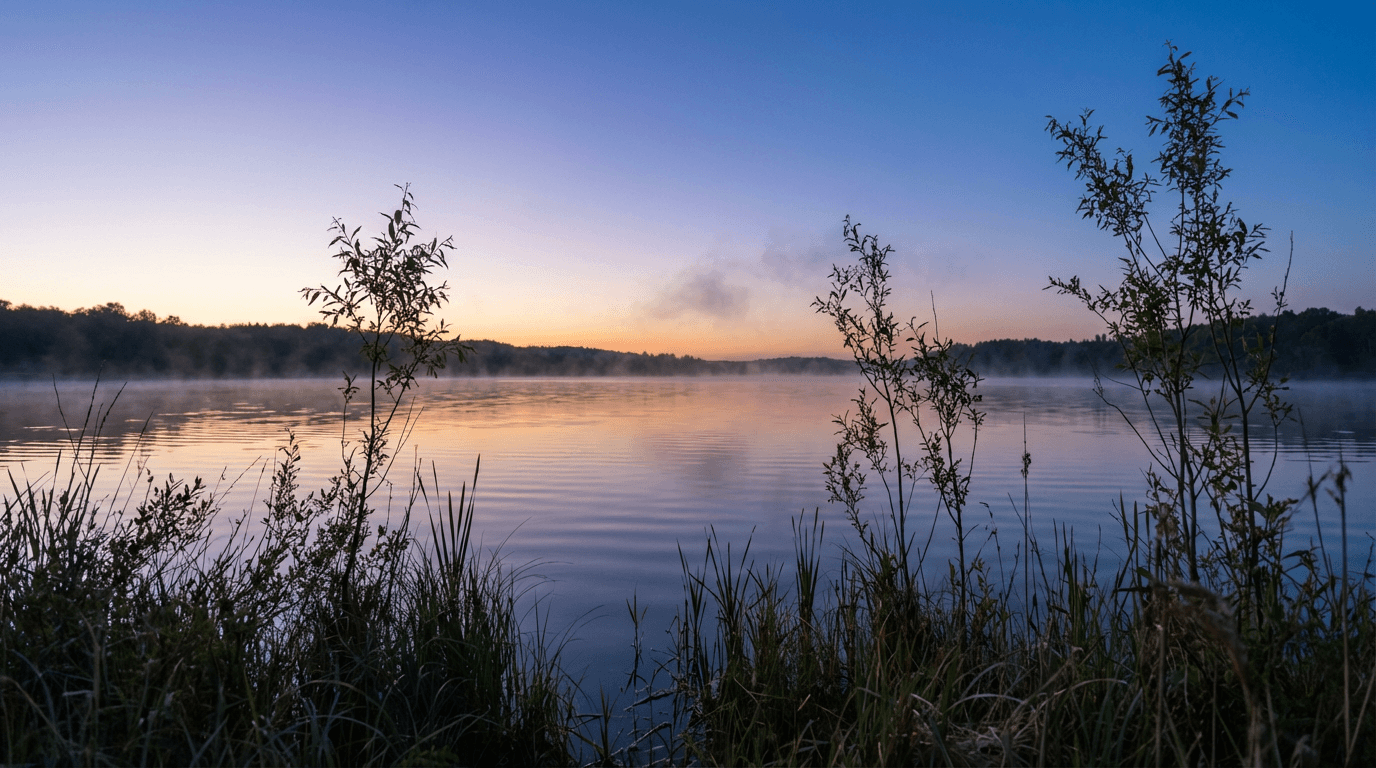 Twilight scene of calm lake with shoreline vegetation silhouettes, mirror reflections, and soft mist in blue-hour light.