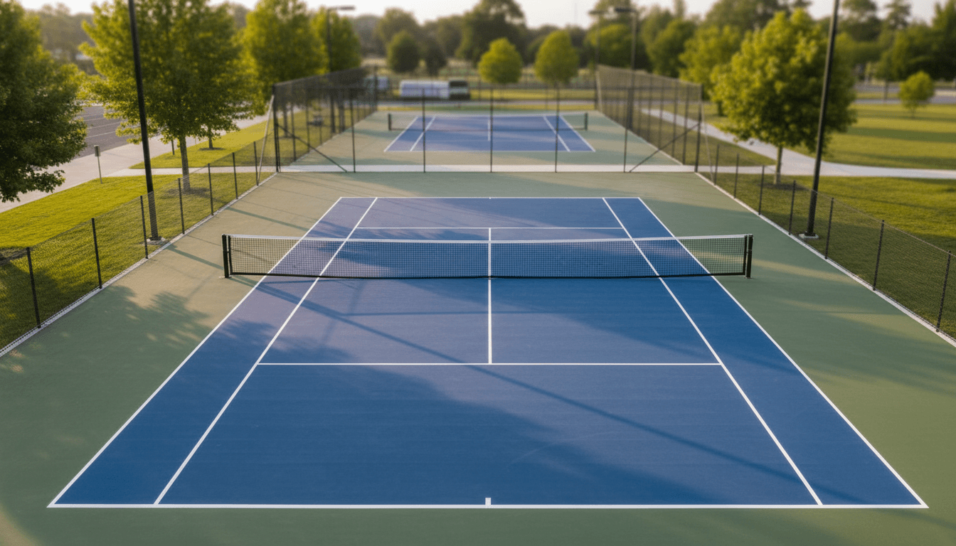 Newly constructed outdoor tennis court with white lines, professional net, and landscaping under golden hour sunlight