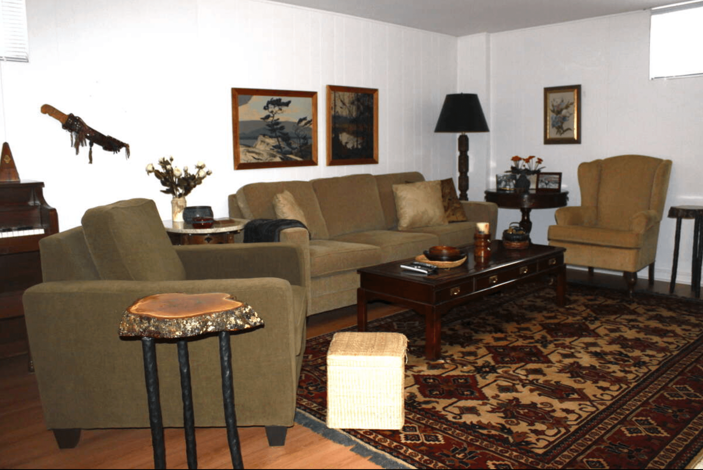 Cozy living room with olive green seating, a patterned rug, and dark wood coffee table.