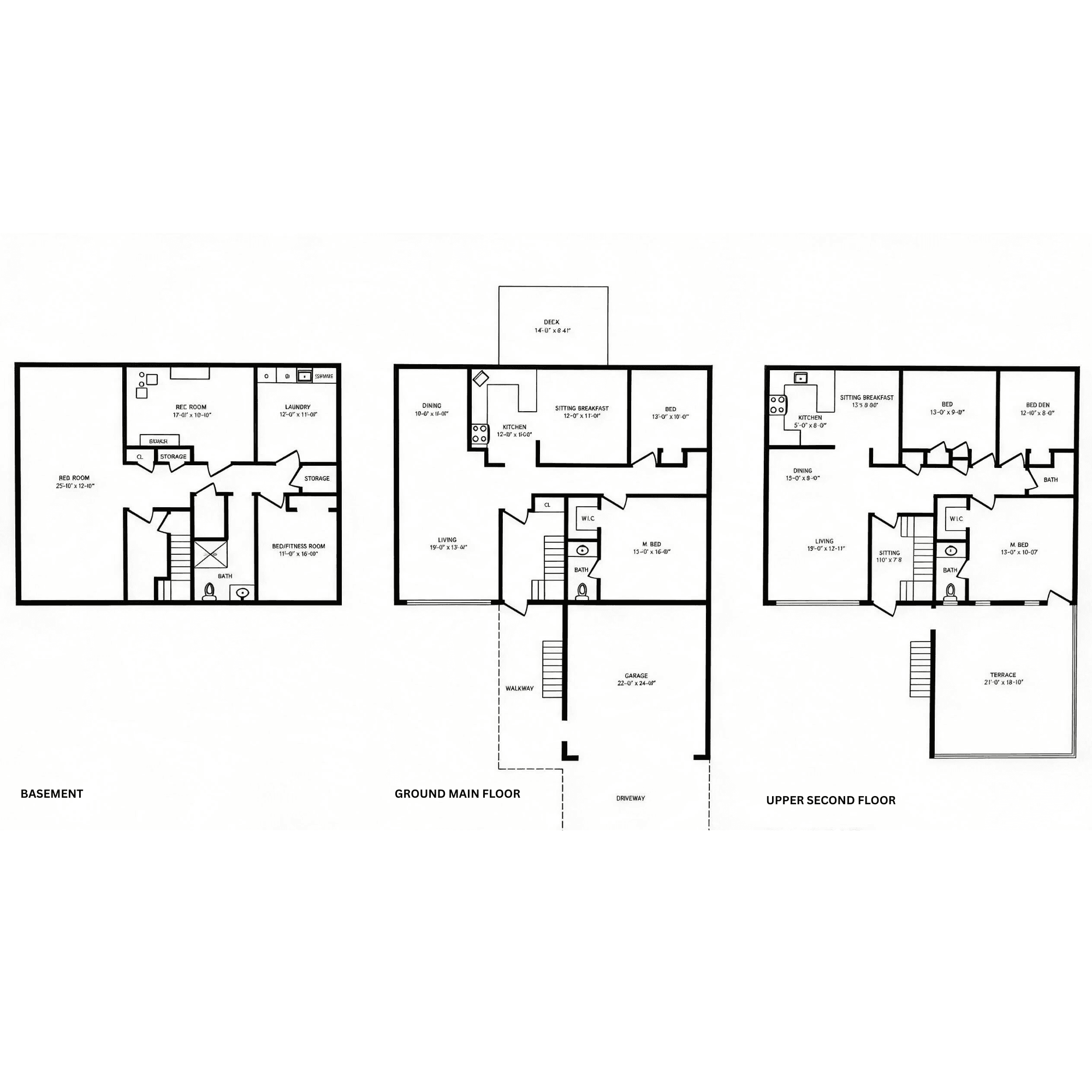 Three-level floor plans for a house including basement, ground floor, and upper second floor.
