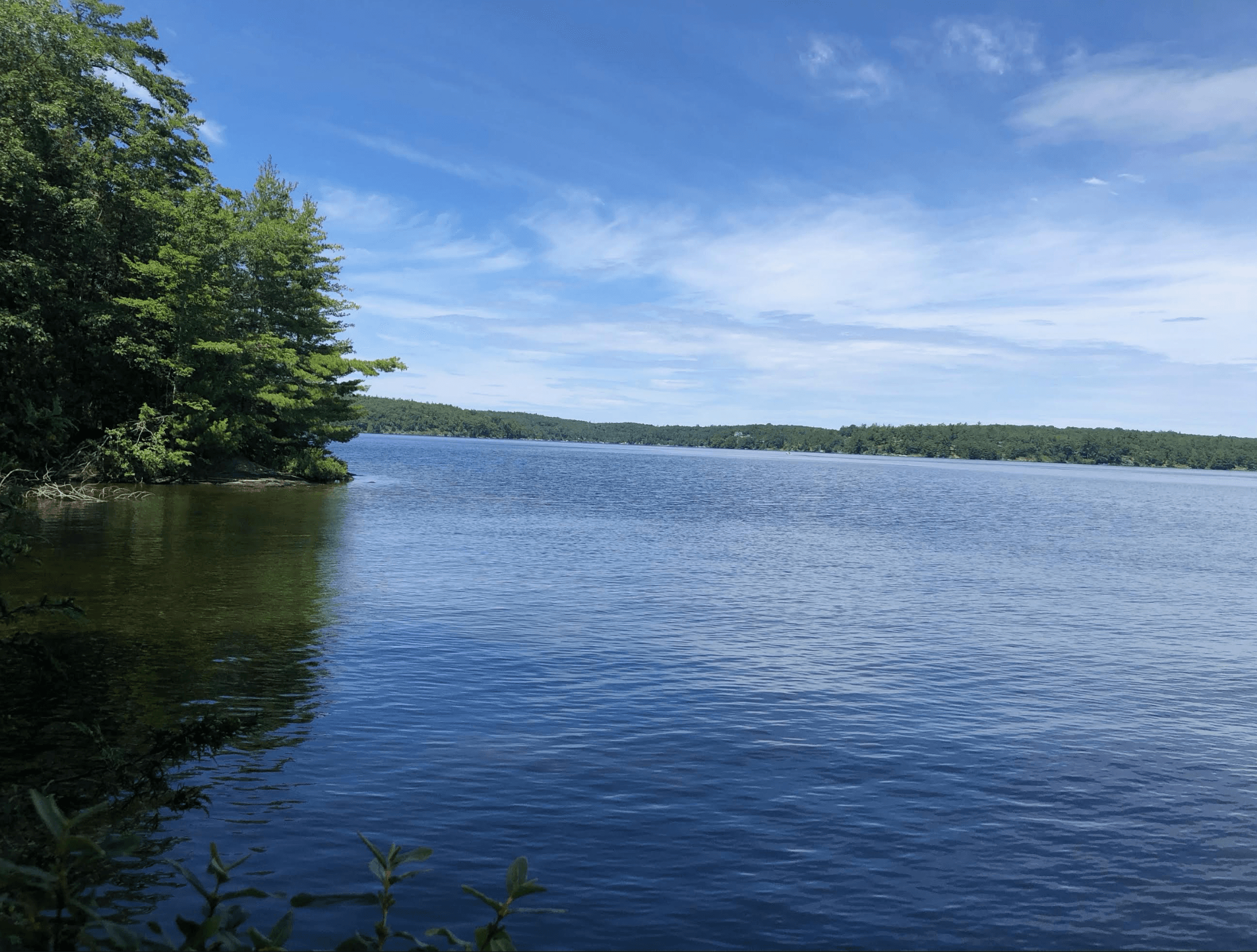 Serene blue lake with a forested shoreline under a bright sky with wispy white clouds.
