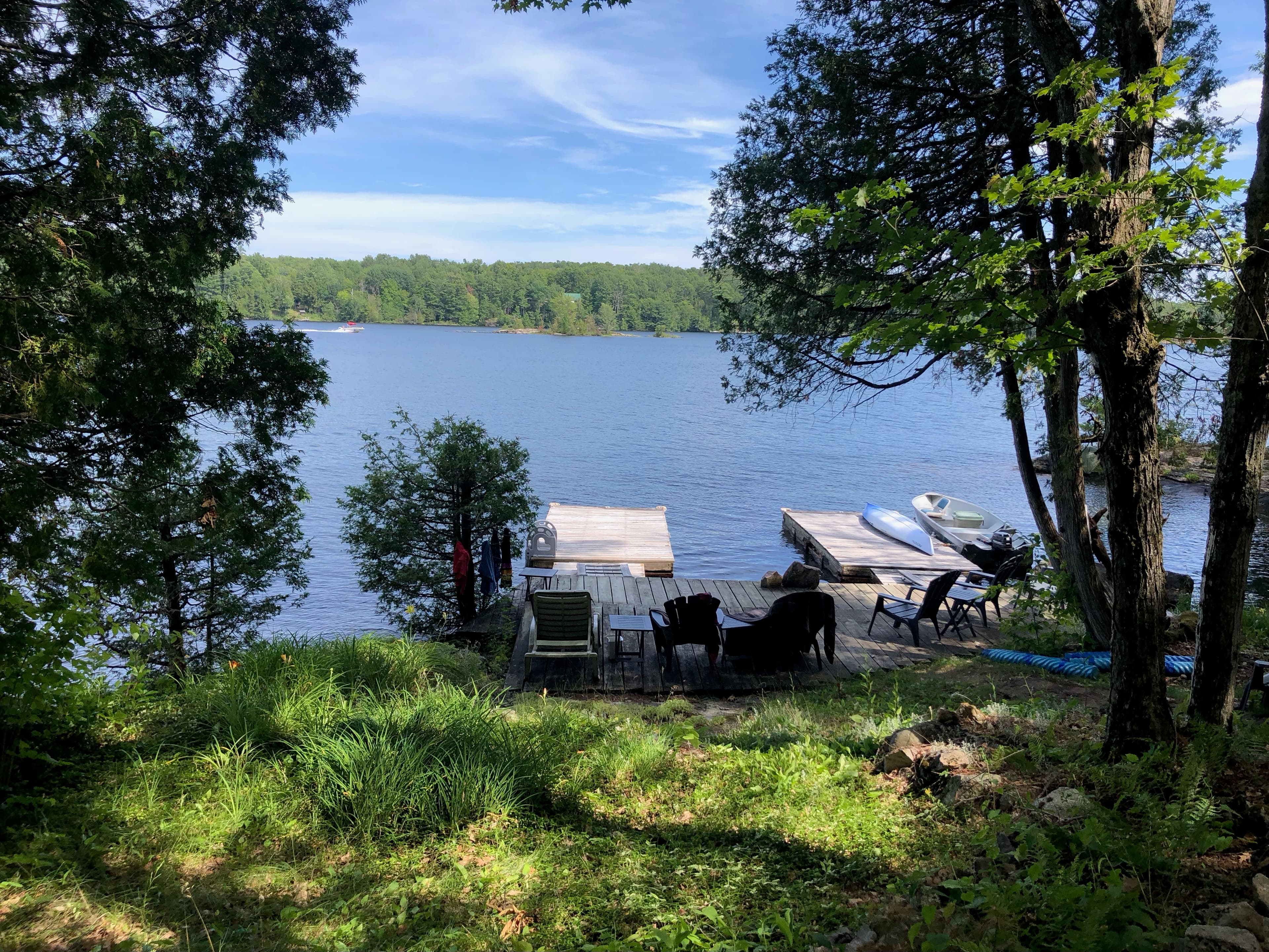 Wooden deck and docks overlook a calm lake framed by lush green forest trees.