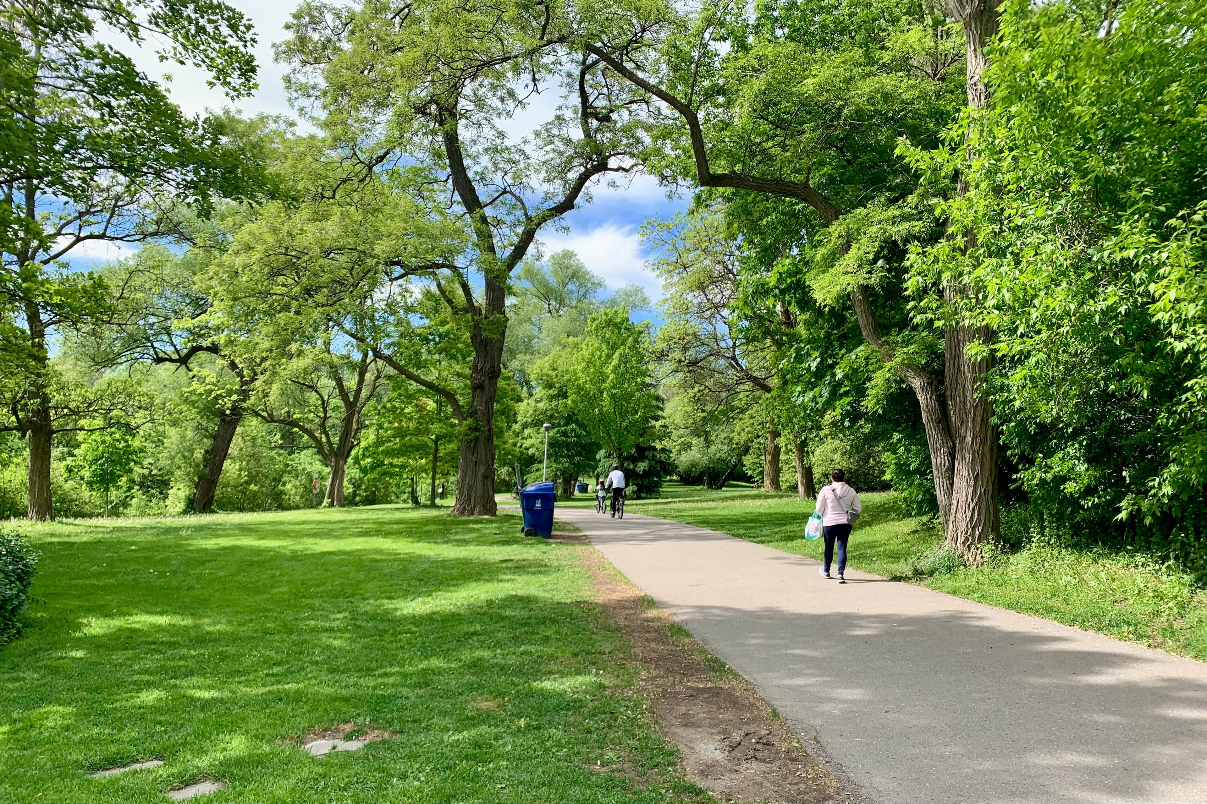 People walk and bike along a paved path through a lush, sunlit green park.